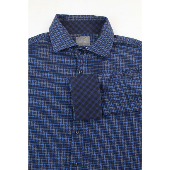 Thomas Dean Shirt Men's XXL Blue Long Sleeve Button Basketweave Print Flip cuff - Picture 4 of 9